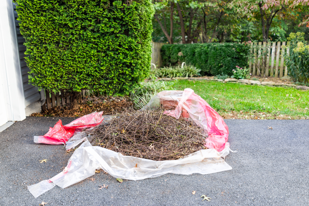 Bag with sticks and brush in the driveway