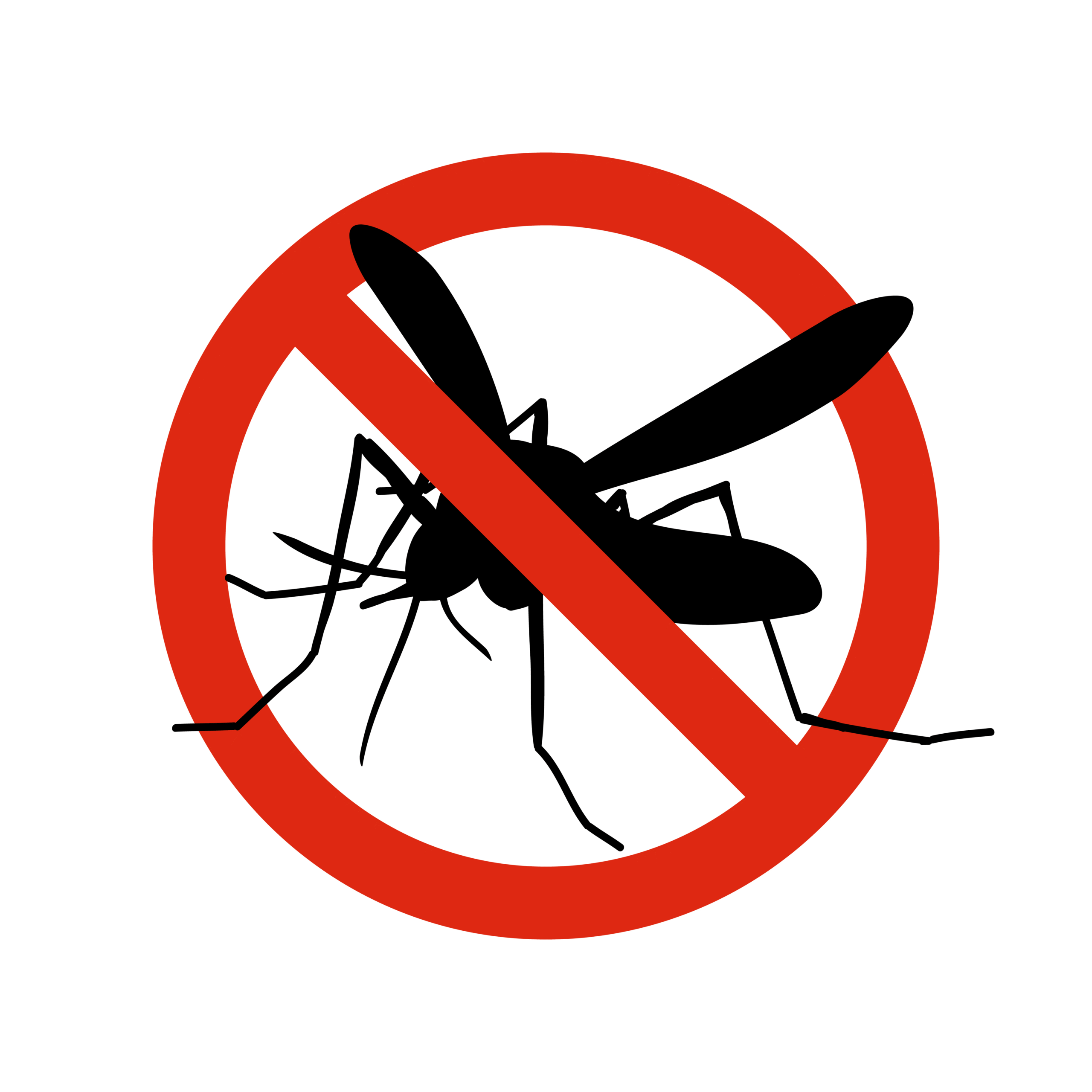 Illustration of a mosquito inside a red crossed-out circle, symbolizing pest control and protection from fleas, ticks, and insects.
