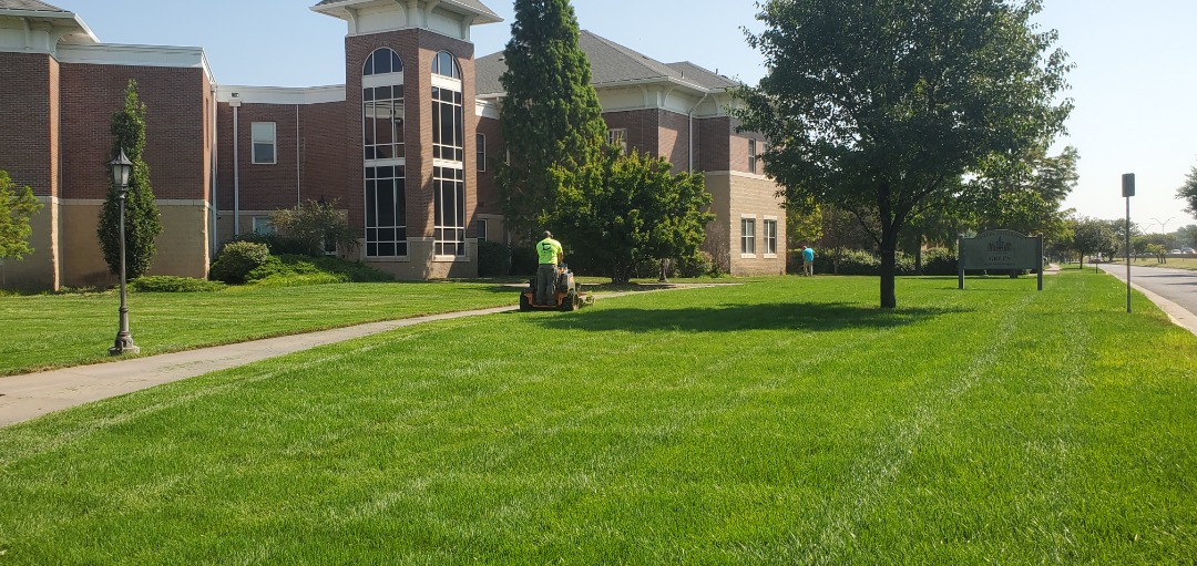 Worker mows lush green lawn outside a brick building with tall windows and sidewalk under full sun and blue sky.