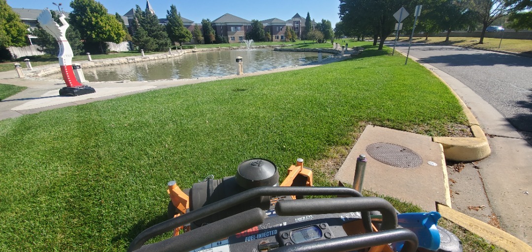 Lawn mower view of freshly cut grass near a pond with fountain, sculptures, and residential buildings in the background.