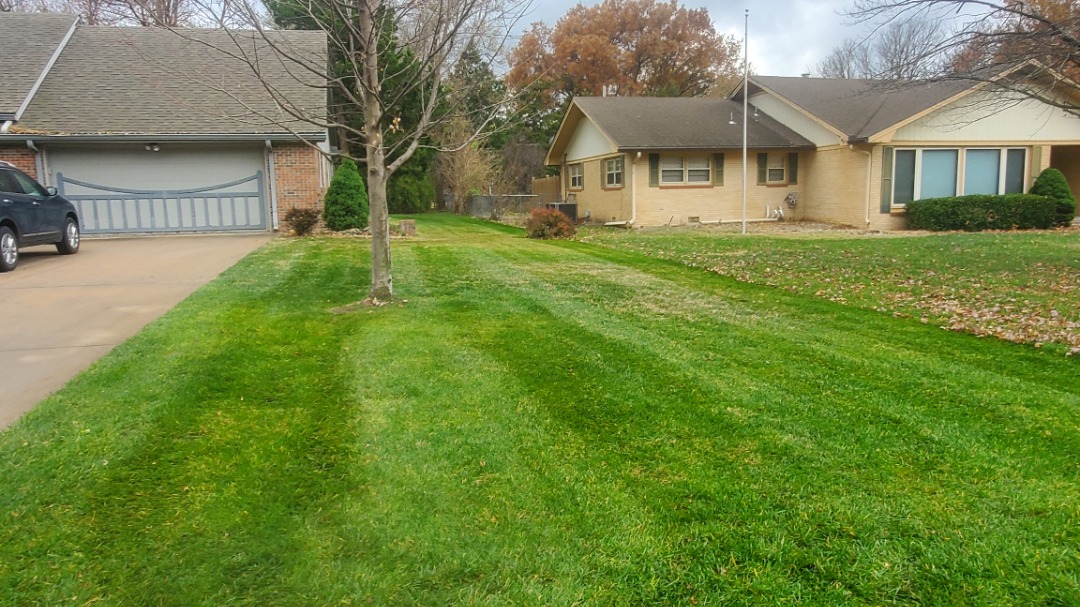 Neatly mowed suburban front lawn with visible mowing stripes between two single-story homes on a fall day.